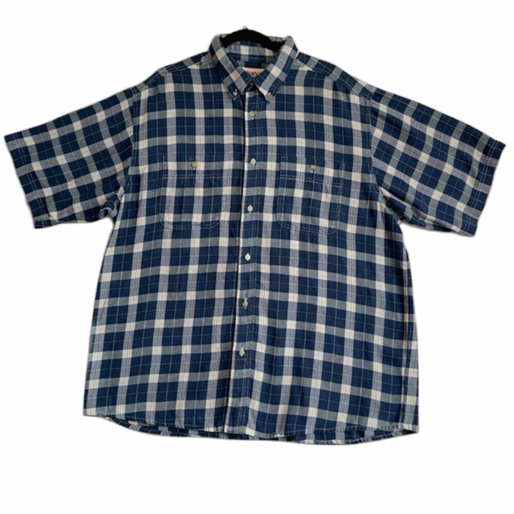 VTG Wrangler Rugged Wear Men's SZ XXL Blue White Plaid SS Button Down Shirt READ